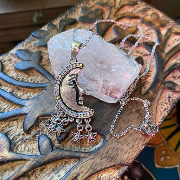 Moon And Stars Aurora Borealis Rhinestone Silver Necklace - Picture 1 of 6